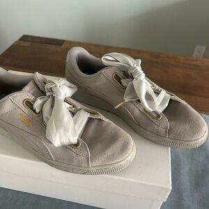 Puma Kids Suede Ribbon Lace Sneakers — Light Beige with White Ribbons